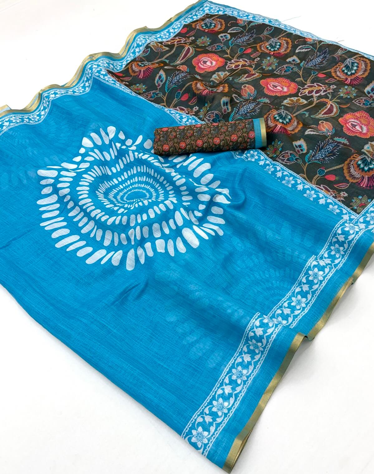 Assemblage Firozi Printed Cotton Silk Saree With Surpassing Blouse Piece