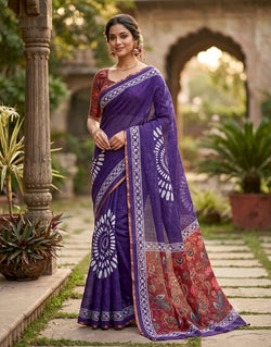 Enthralling Purple Printed Cotton Silk Saree With Devastating Blouse Piece