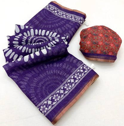 Enthralling Purple Printed Cotton Silk Saree With Devastating Blouse Piece