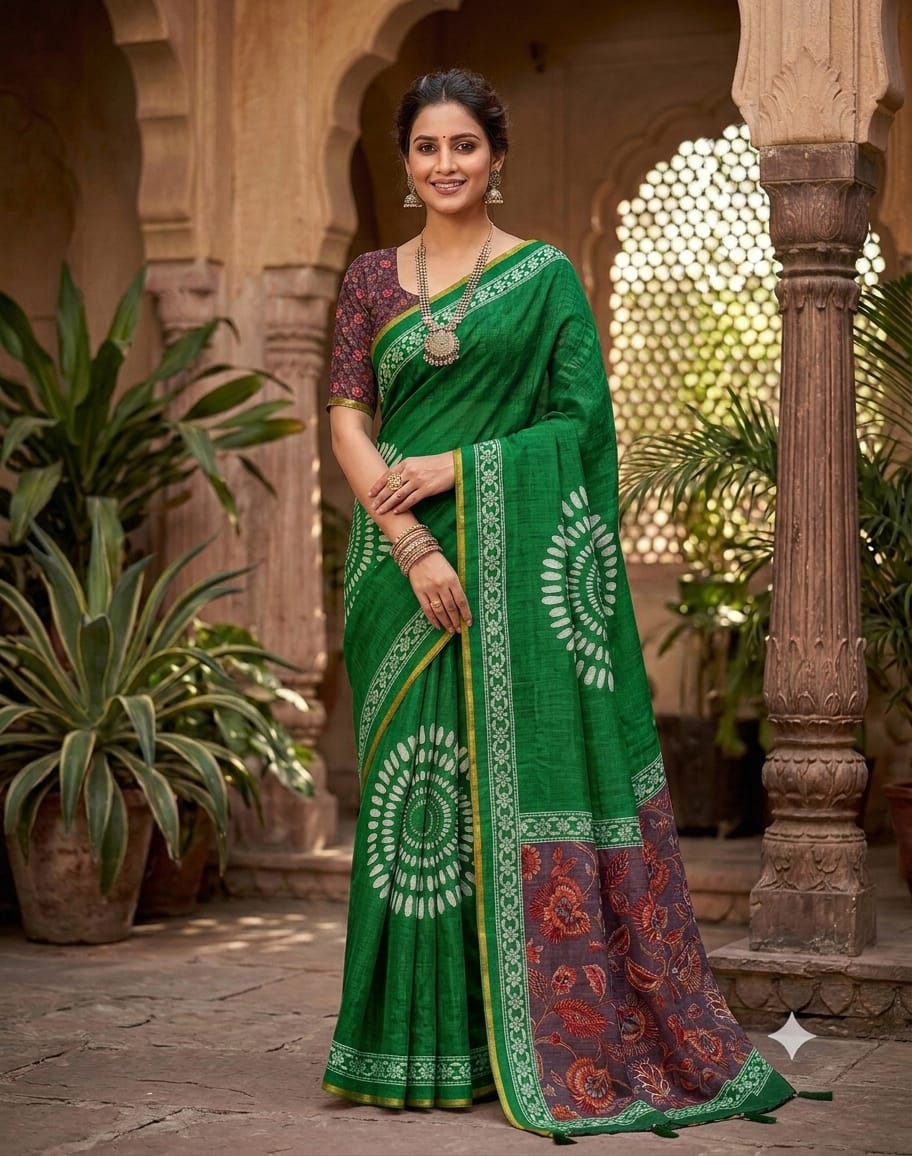Engrossing Dark Green Printed Cotton Silk Saree With Gleaming Blouse Piece