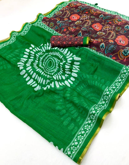 Engrossing Dark Green Printed Cotton Silk Saree With Gleaming Blouse Piece