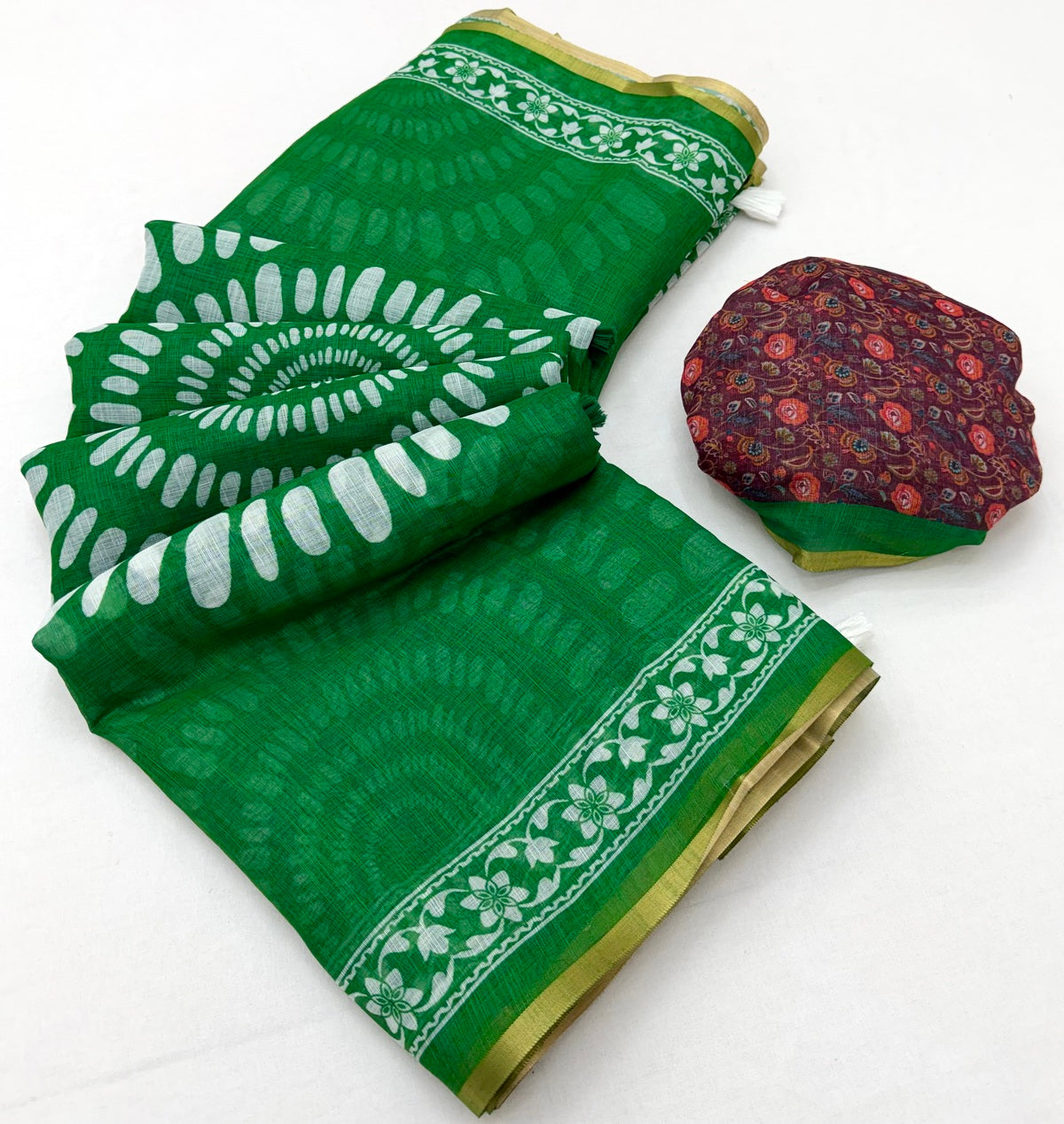 Engrossing Dark Green Printed Cotton Silk Saree With Gleaming Blouse Piece