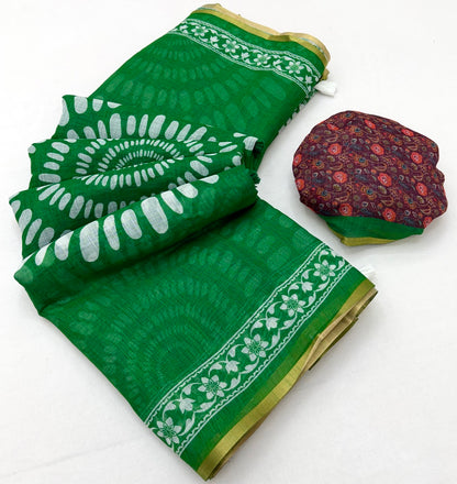 Engrossing Dark Green Printed Cotton Silk Saree With Gleaming Blouse Piece