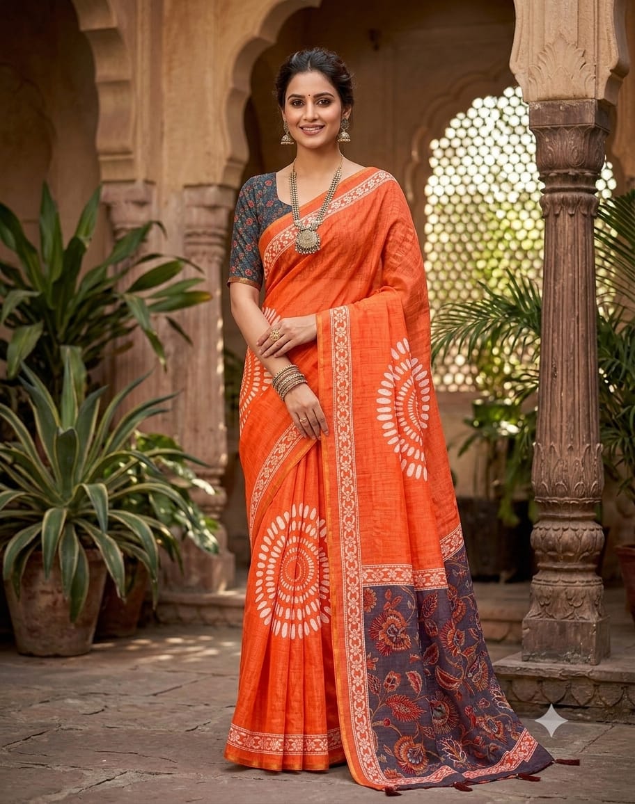 Murmurous Orange Printed Cotton Silk Saree With Delightful Blouse Piece