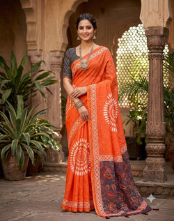 Murmurous Orange Printed Cotton Silk Saree With Delightful Blouse Piece