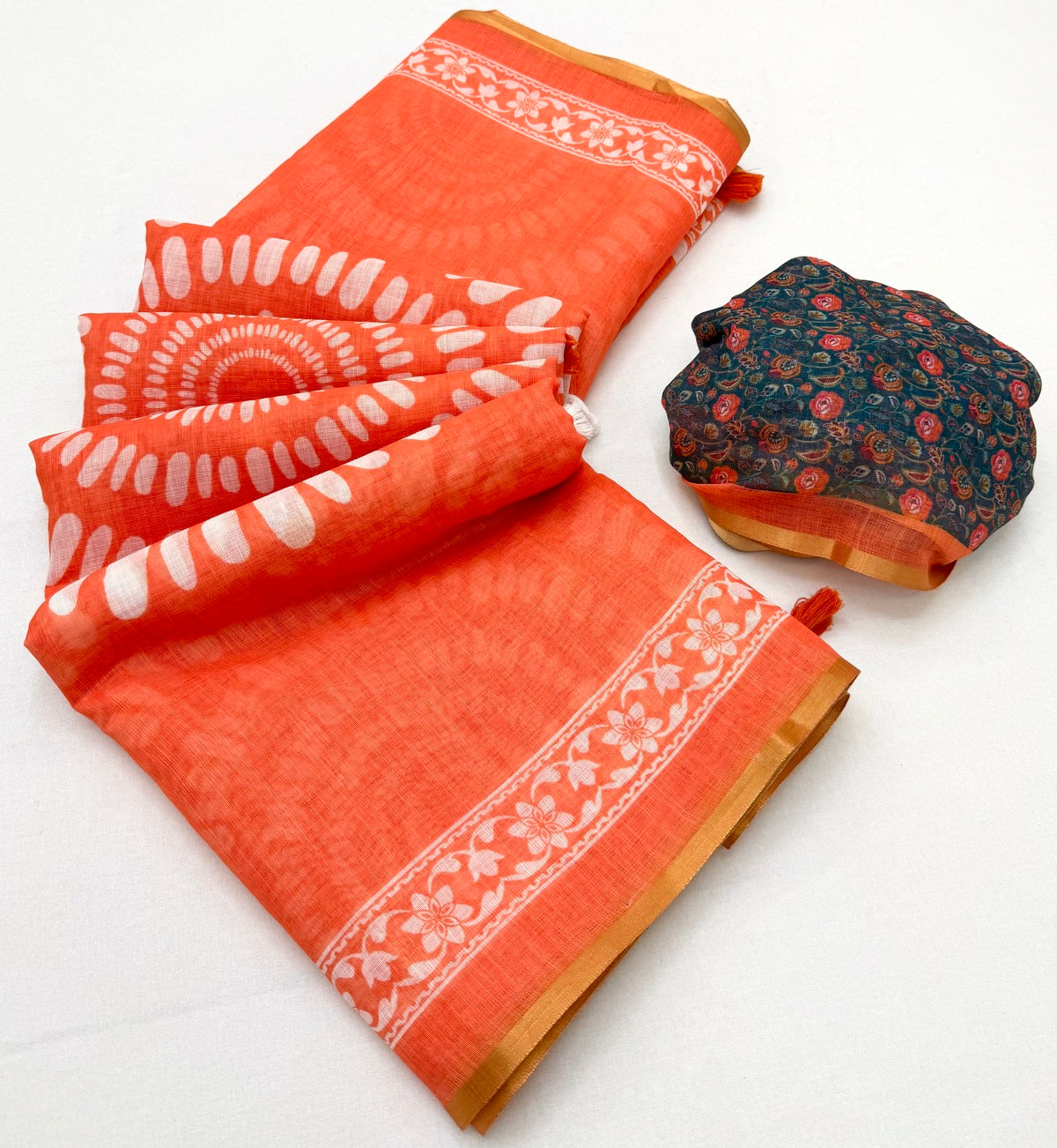 Murmurous Orange Printed Cotton Silk Saree With Delightful Blouse Piece