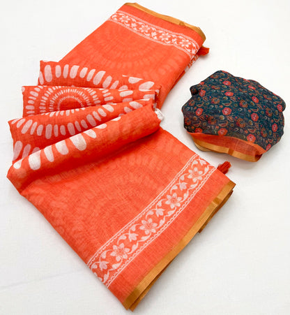 Murmurous Orange Printed Cotton Silk Saree With Delightful Blouse Piece