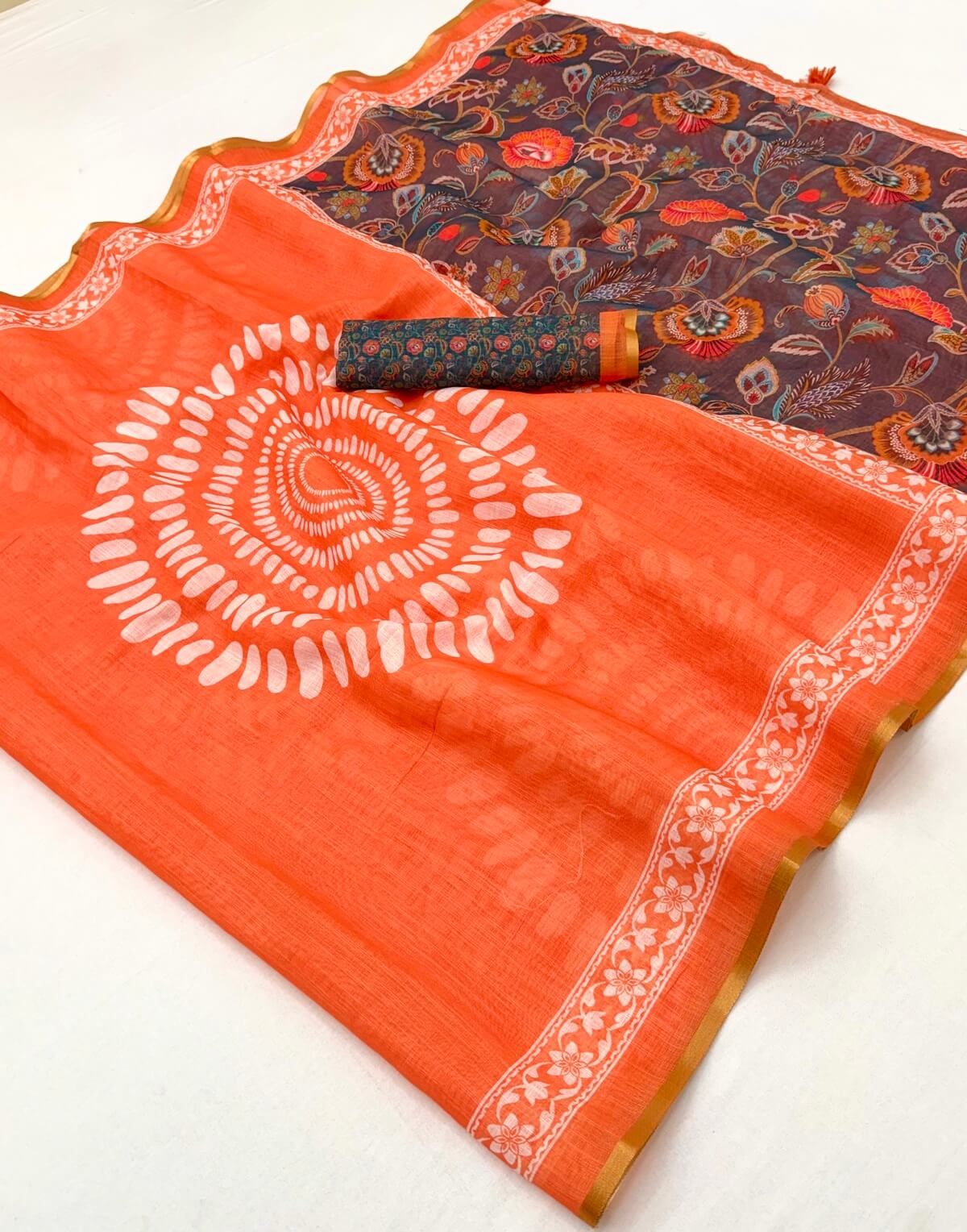 Murmurous Orange Printed Cotton Silk Saree With Delightful Blouse Piece