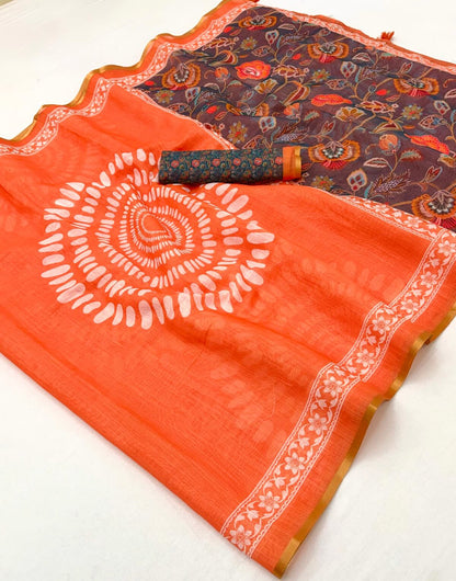 Murmurous Orange Printed Cotton Silk Saree With Delightful Blouse Piece