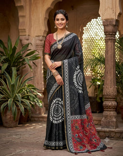 Proficient Black Printed Cotton Silk Saree With Majesty Blouse Piece