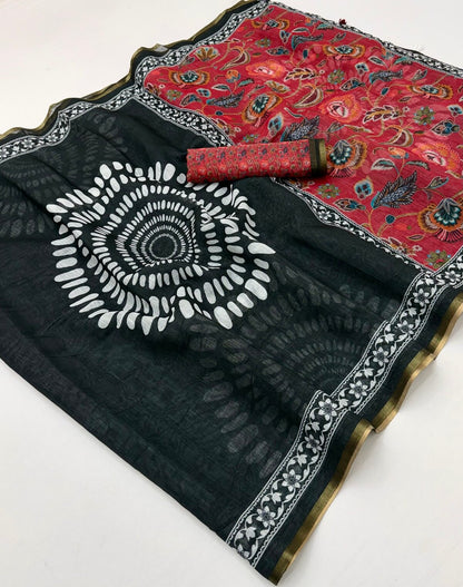 Proficient Black Printed Cotton Silk Saree With Majesty Blouse Piece