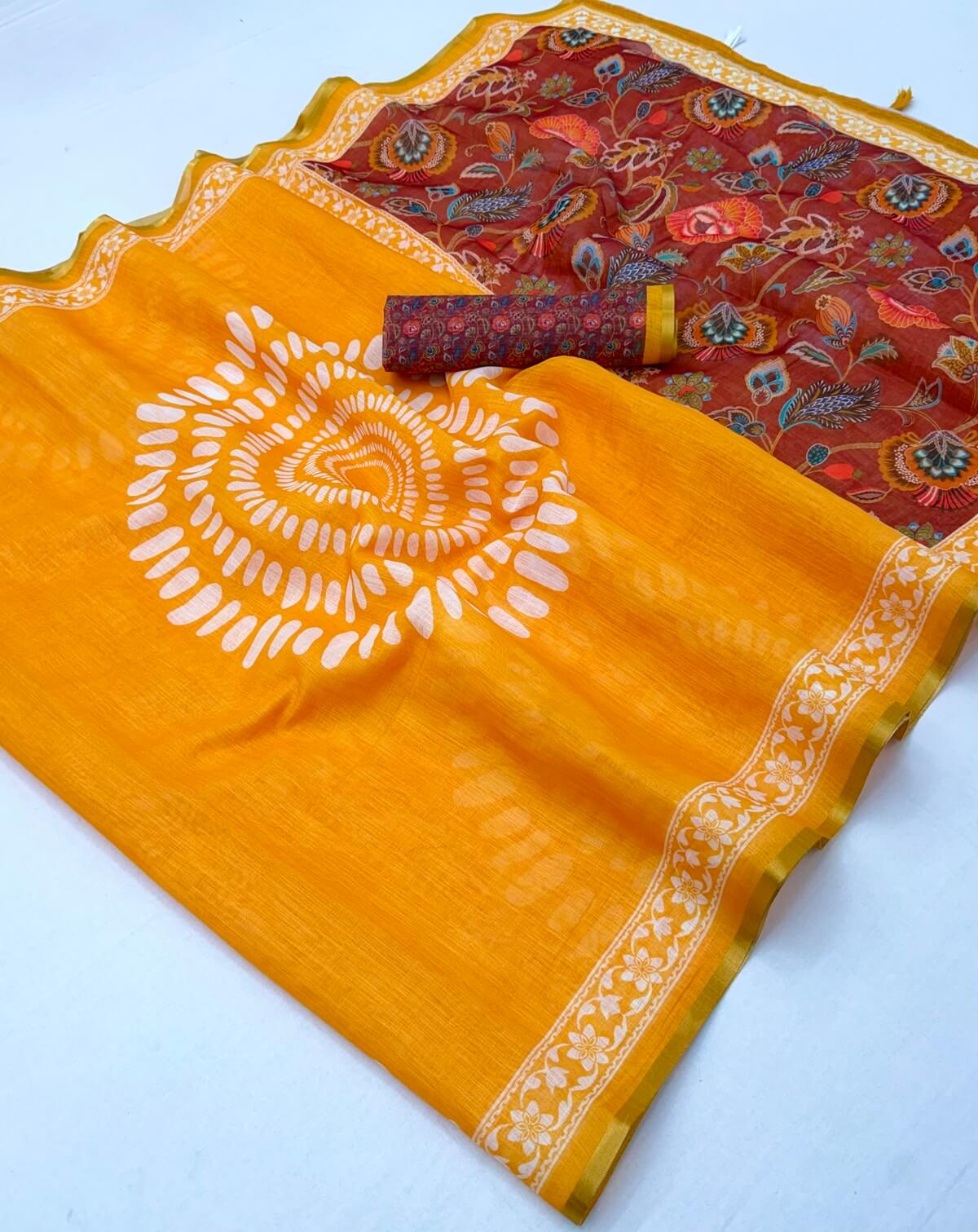 Captivating Yellow Printed Cotton Silk Saree With Glorious Blouse Piece
