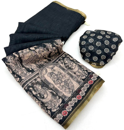 Embrocation Black Kalamkari Printed Cotton Silk Saree With Seraglio Blouse Piece