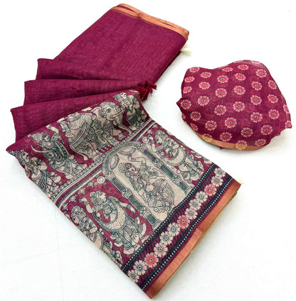Fantabulous Dark Pink Kalamkari Printed Cotton Silk Saree With Imaginative Blouse Piece
