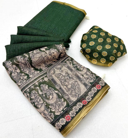 Sumptuous Dark Green Kalamkari Printed Cotton Silk Saree With Scintillating Blouse Piece