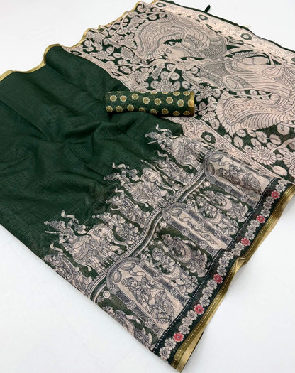 Sumptuous Dark Green Kalamkari Printed Cotton Silk Saree With Scintillating Blouse Piece