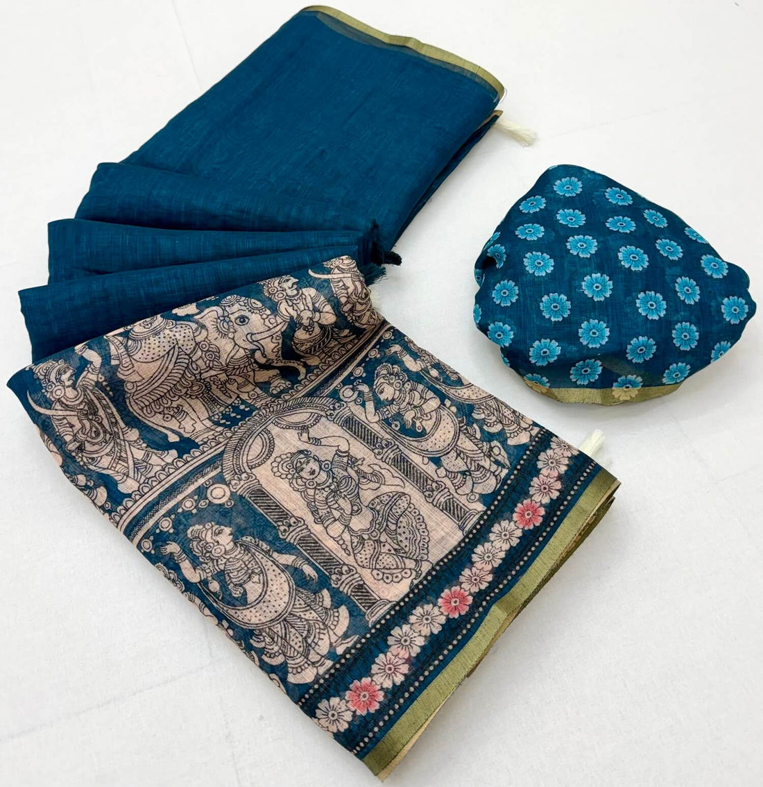 Stylish Navy Blue Kalamkari Printed Cotton Silk Saree With Nectarous Blouse Piece