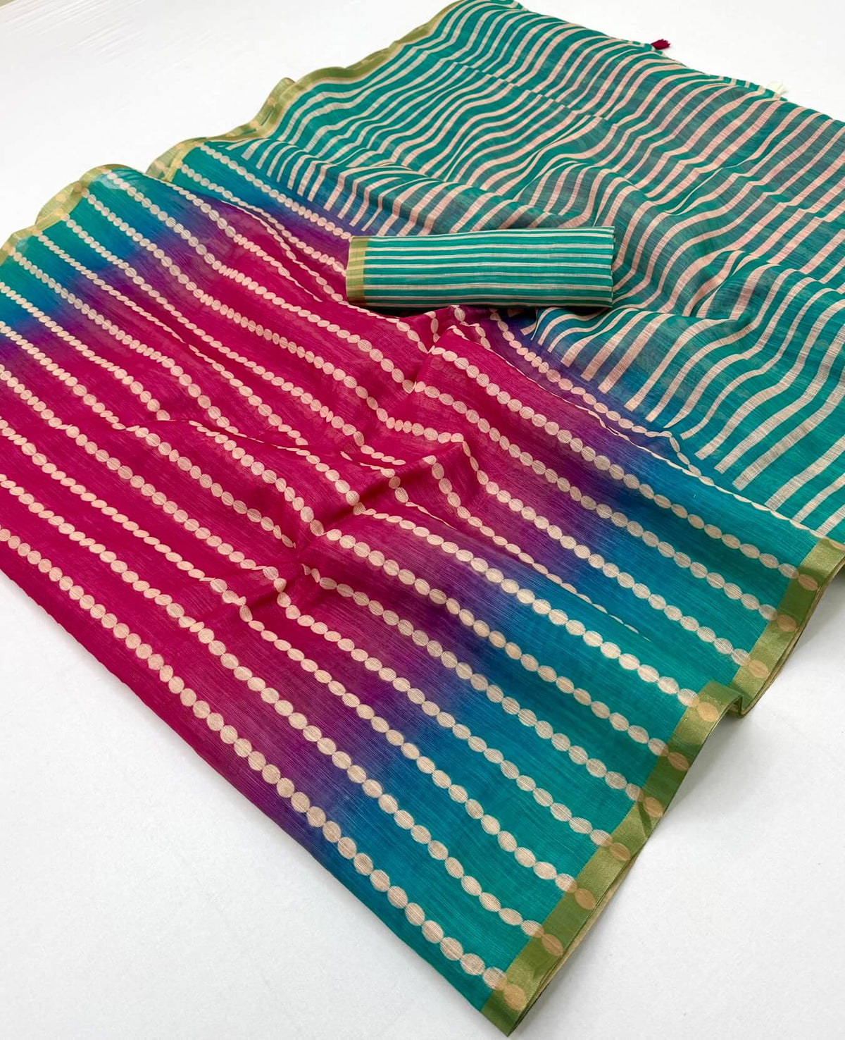 Splendorous Dark Pink and Green Printed Cotton Silk Saree With Jubilant Blouse Piece