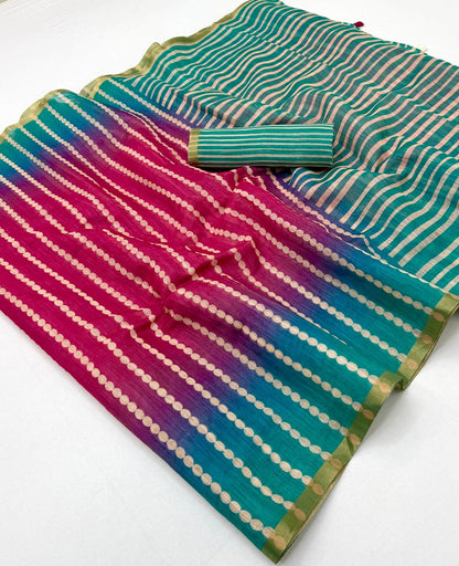 Splendorous Dark Pink and Green Printed Cotton Silk Saree With Jubilant Blouse Piece