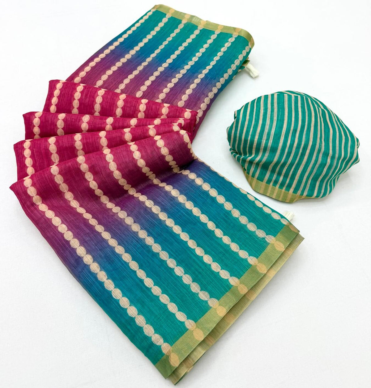 Splendorous Dark Pink and Green Printed Cotton Silk Saree With Jubilant Blouse Piece