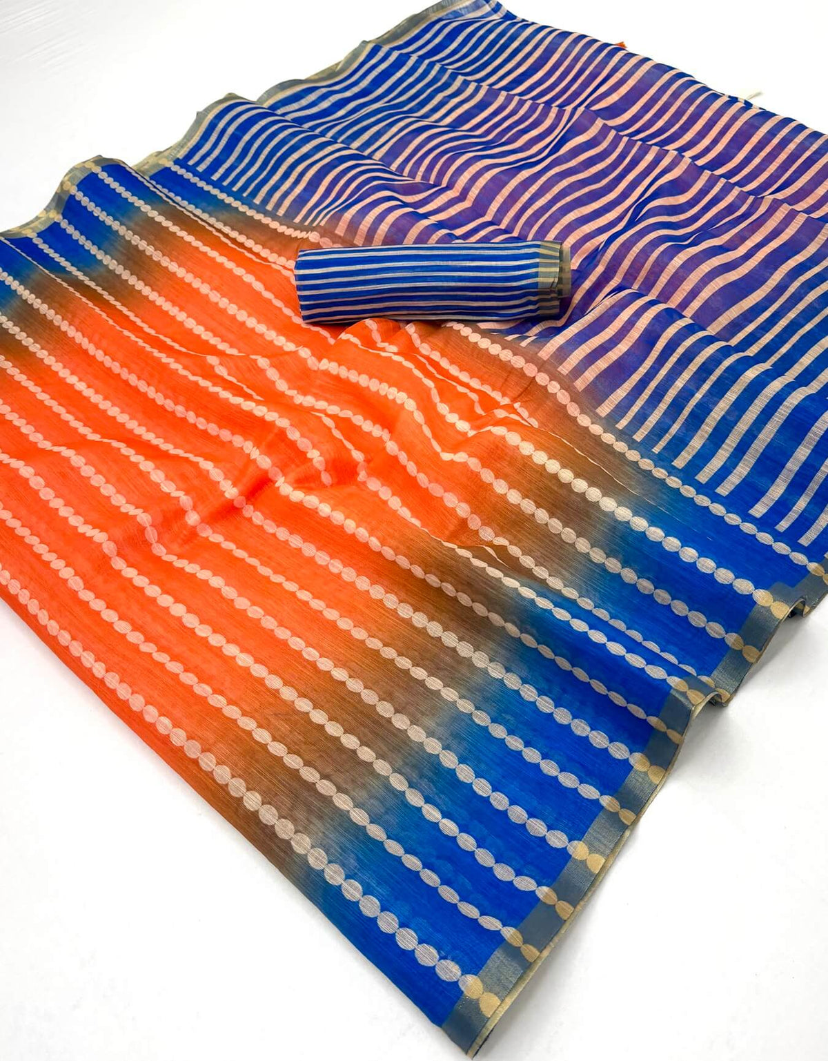 Denouement Orange and Blue Printed Cotton Silk Saree With Vibrant Blouse Piece