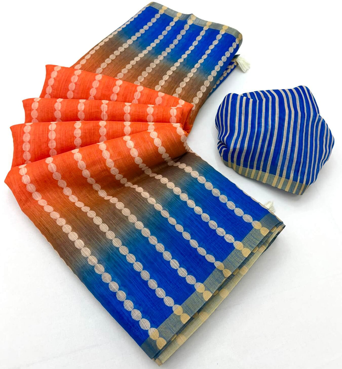 Denouement Orange and Blue Printed Cotton Silk Saree With Vibrant Blouse Piece