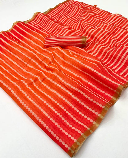 Blissful Orange and Red Printed Cotton Silk Saree With Lustrous Blouse Piece
