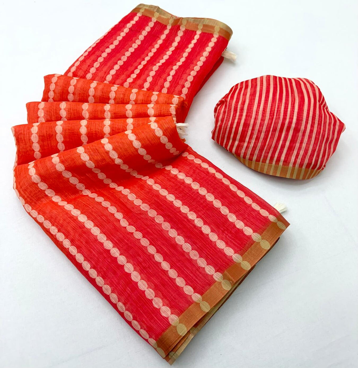 Blissful Orange and Red Printed Cotton Silk Saree With Lustrous Blouse Piece