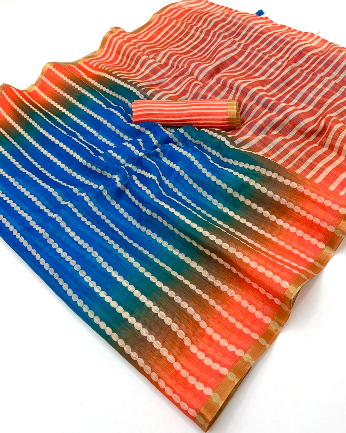 Fragrant Blue and Orange Printed Cotton Silk Saree With Classy Blouse Piece