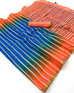 Fragrant Blue and Orange Printed Cotton Silk Saree With Classy Blouse Piece