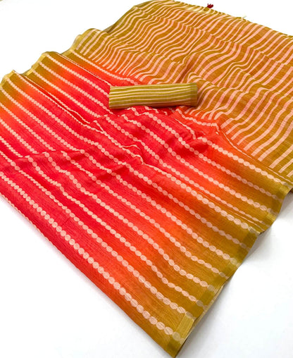 Captivating Red and Mustard Printed Cotton Silk Saree With Lovely Blouse Piece