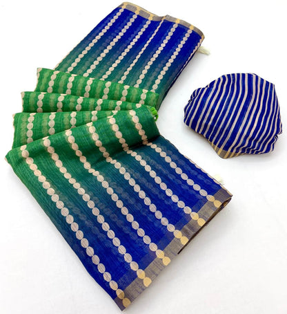 Opulent Green and Blue Printed Cotton Silk Saree With Luxuriant Blouse Piece