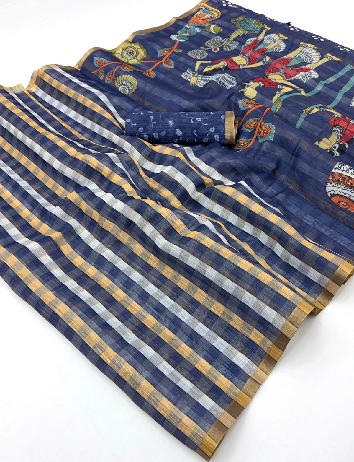 Adorning Navy Blue Printed Cotton Silk Saree With Evocative Blouse Piece