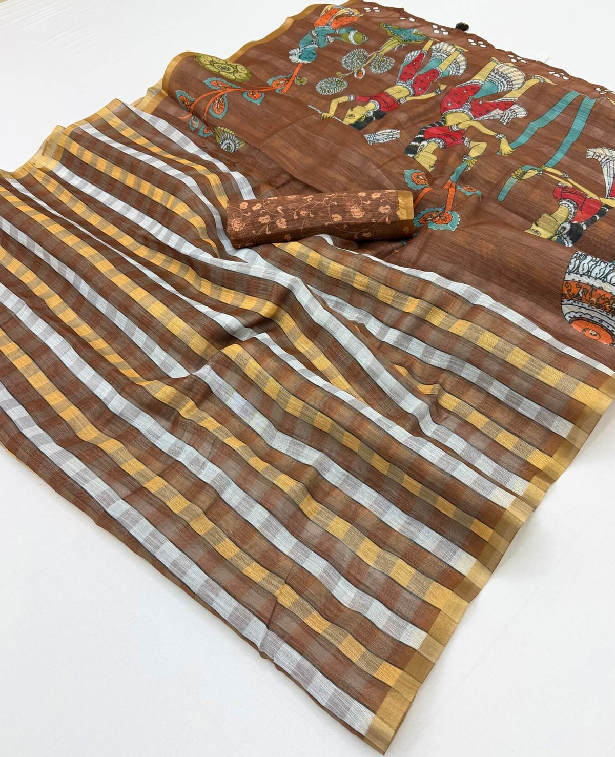 Demesne Brown Printed Cotton Silk Saree With Scintillating Blouse Piece