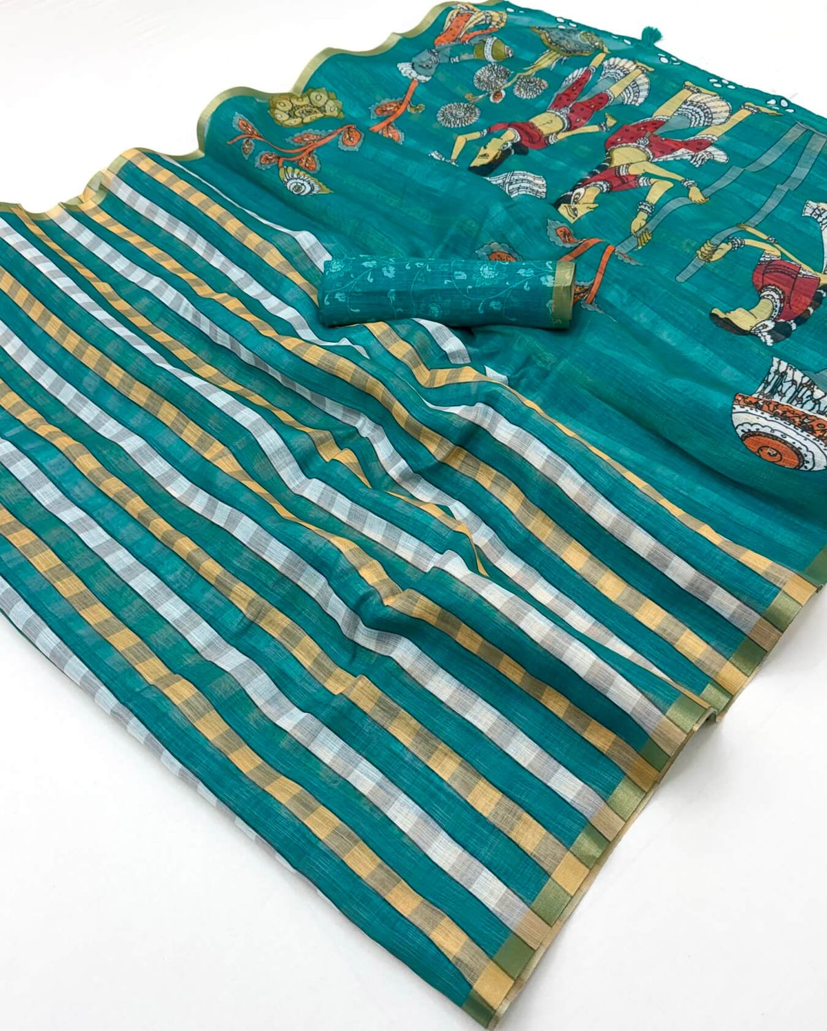 Cynosure Rama Printed Cotton Silk Saree With Classic Blouse Piece