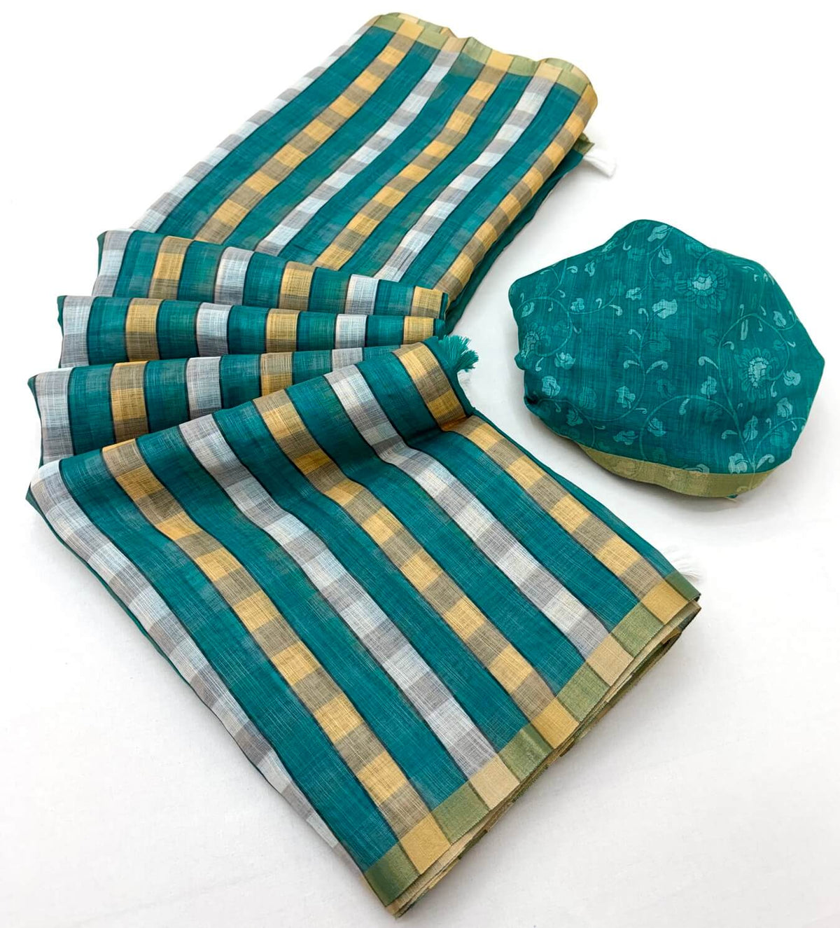 Cynosure Rama Printed Cotton Silk Saree With Classic Blouse Piece