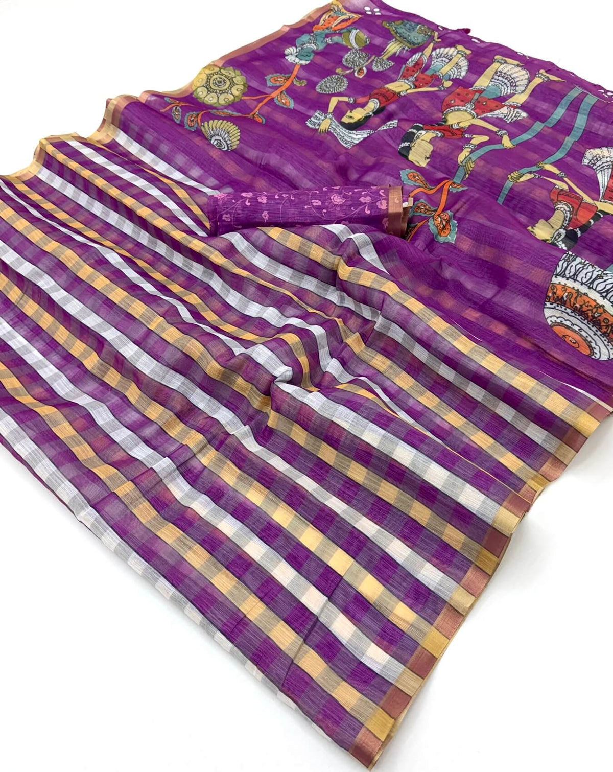 Ethnic Purple Printed Cotton Silk Saree With Ephemeral Blouse Piece