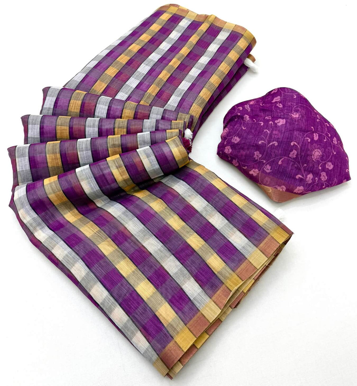 Ethnic Purple Printed Cotton Silk Saree With Ephemeral Blouse Piece
