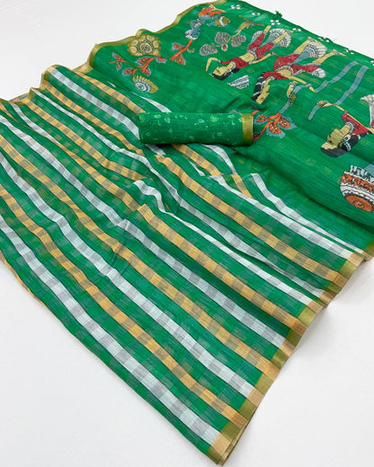 Intricate Dark Green Printed Cotton Silk Saree With Ethereal Blouse Piece