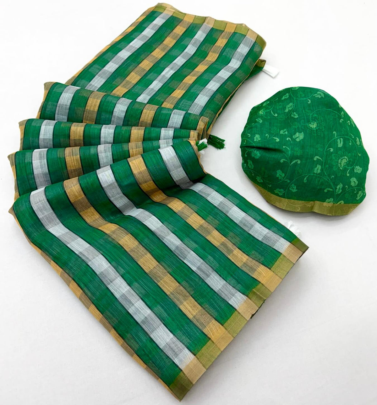 Intricate Dark Green Printed Cotton Silk Saree With Ethereal Blouse Piece