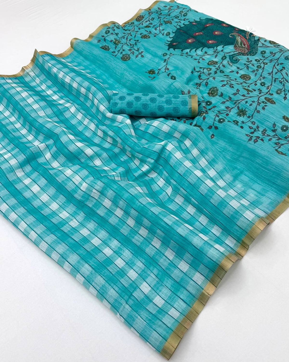Dissemble Firozi Printed Cotton Silk Saree With Arresting Blouse Piece