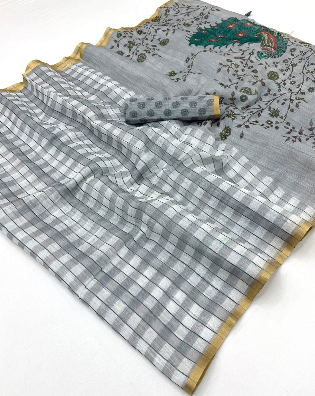 Excellent Grey Printed Cotton Silk Saree With Forbearance Blouse Piece