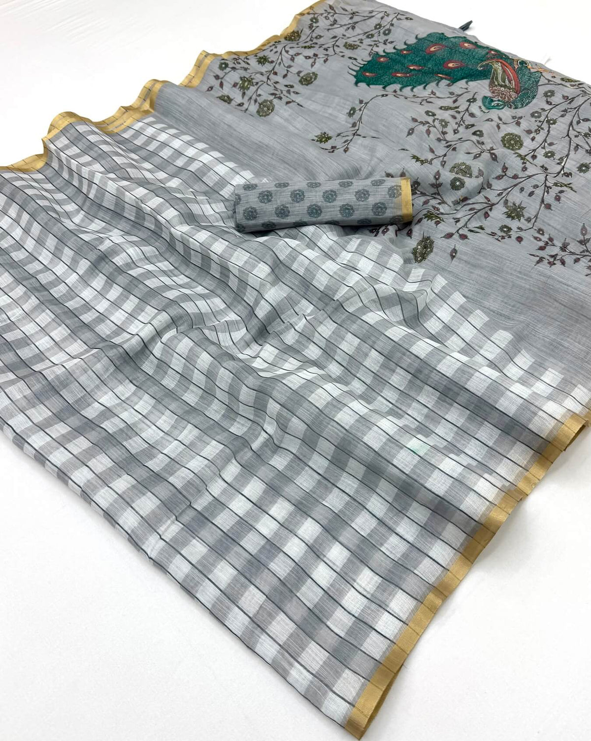 Excellent Grey Printed Cotton Silk Saree With Forbearance Blouse Piece