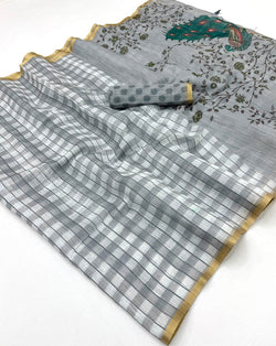Excellent Grey Printed Cotton Silk Saree With Forbearance Blouse Piece