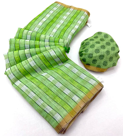 Rhapsody Green Printed Cotton Silk Saree With Entrancing Blouse Piece