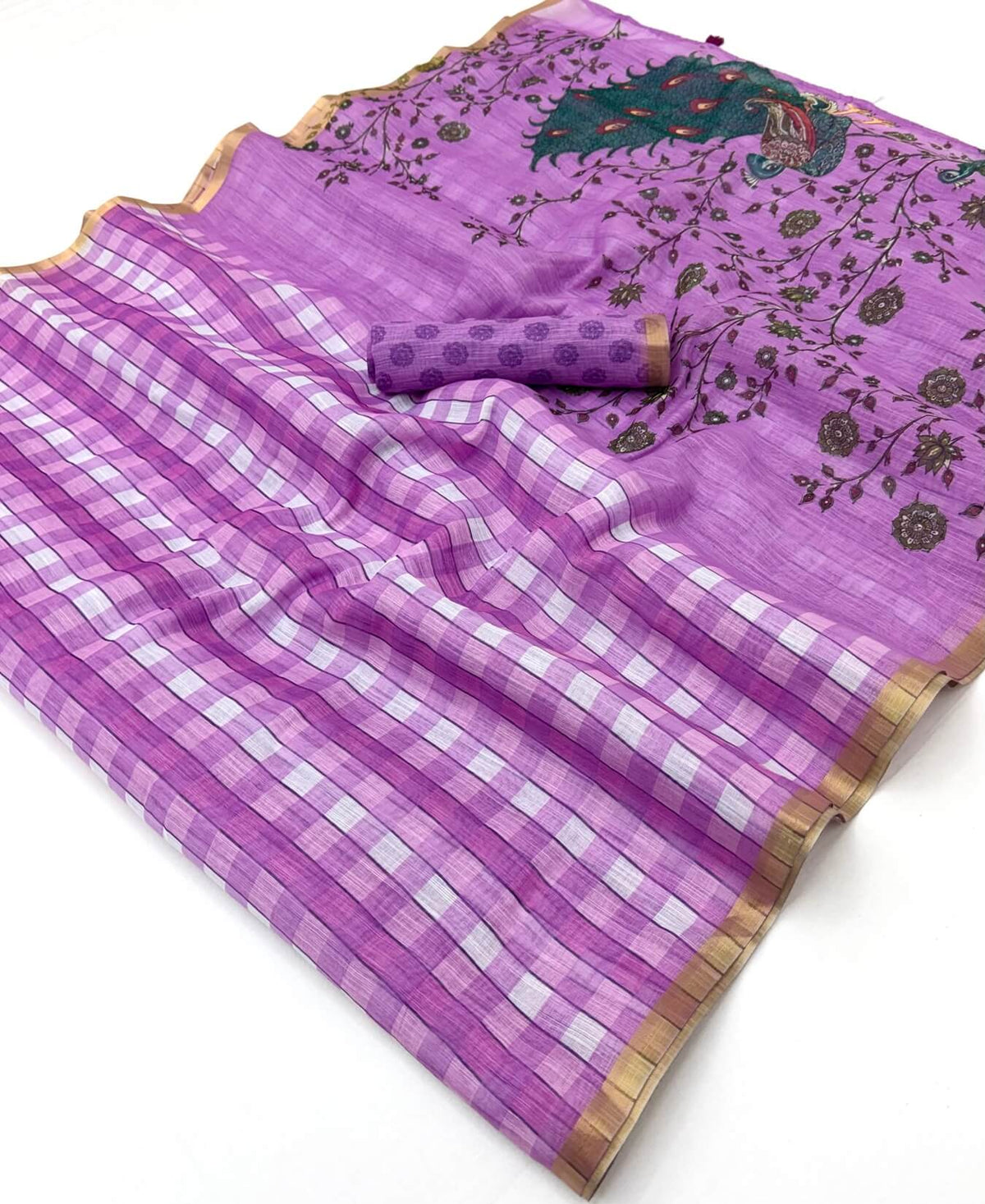 Groovy Lavender Printed Cotton Silk Saree With Winsome Blouse Piece