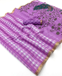 Groovy Lavender Printed Cotton Silk Saree With Winsome Blouse Piece