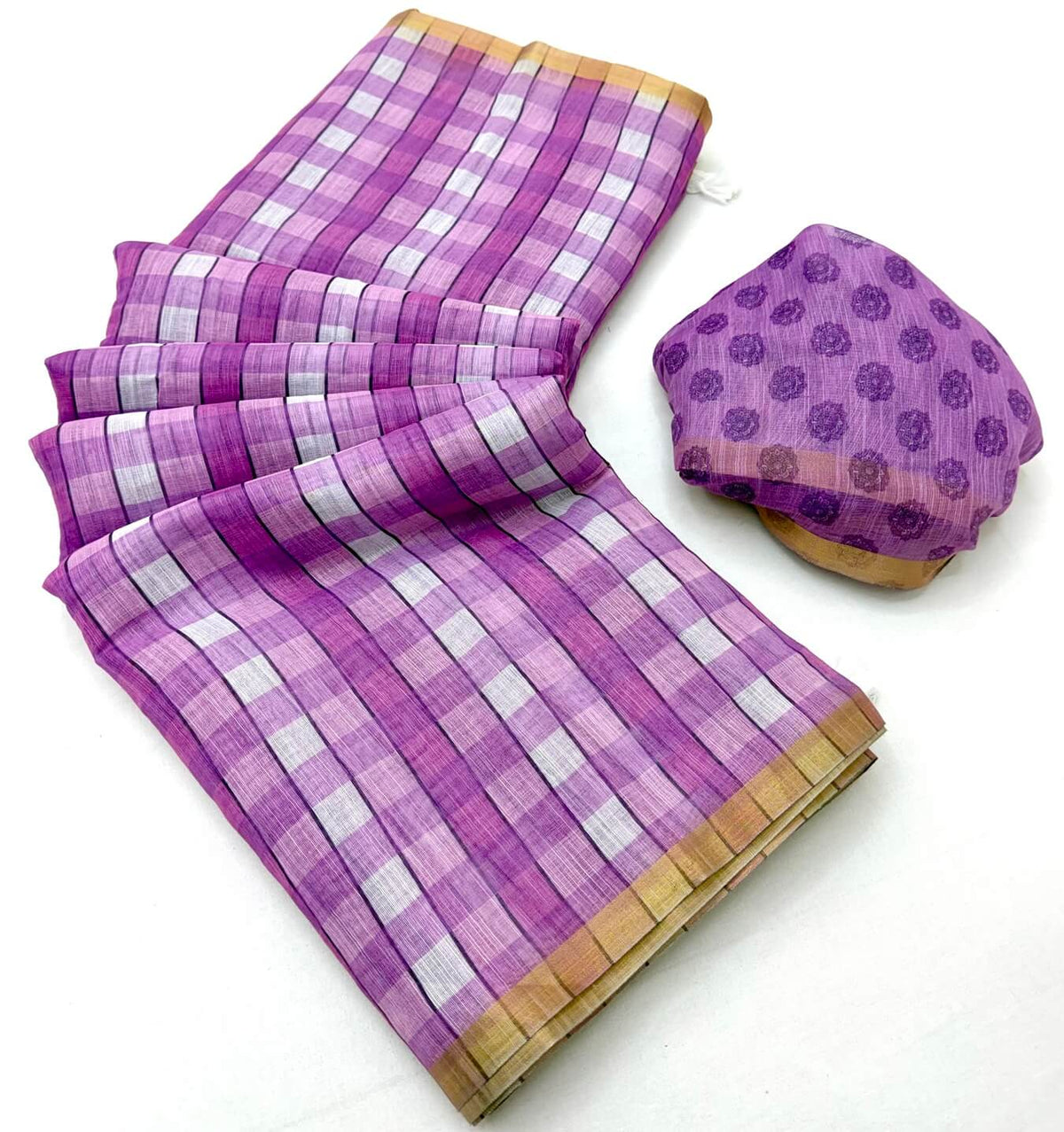 Groovy Lavender Printed Cotton Silk Saree With Winsome Blouse Piece