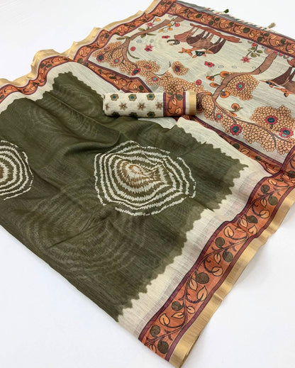 Sophisticated Dark Green Printed Cotton Silk Saree With Surpassing Blouse Piece
