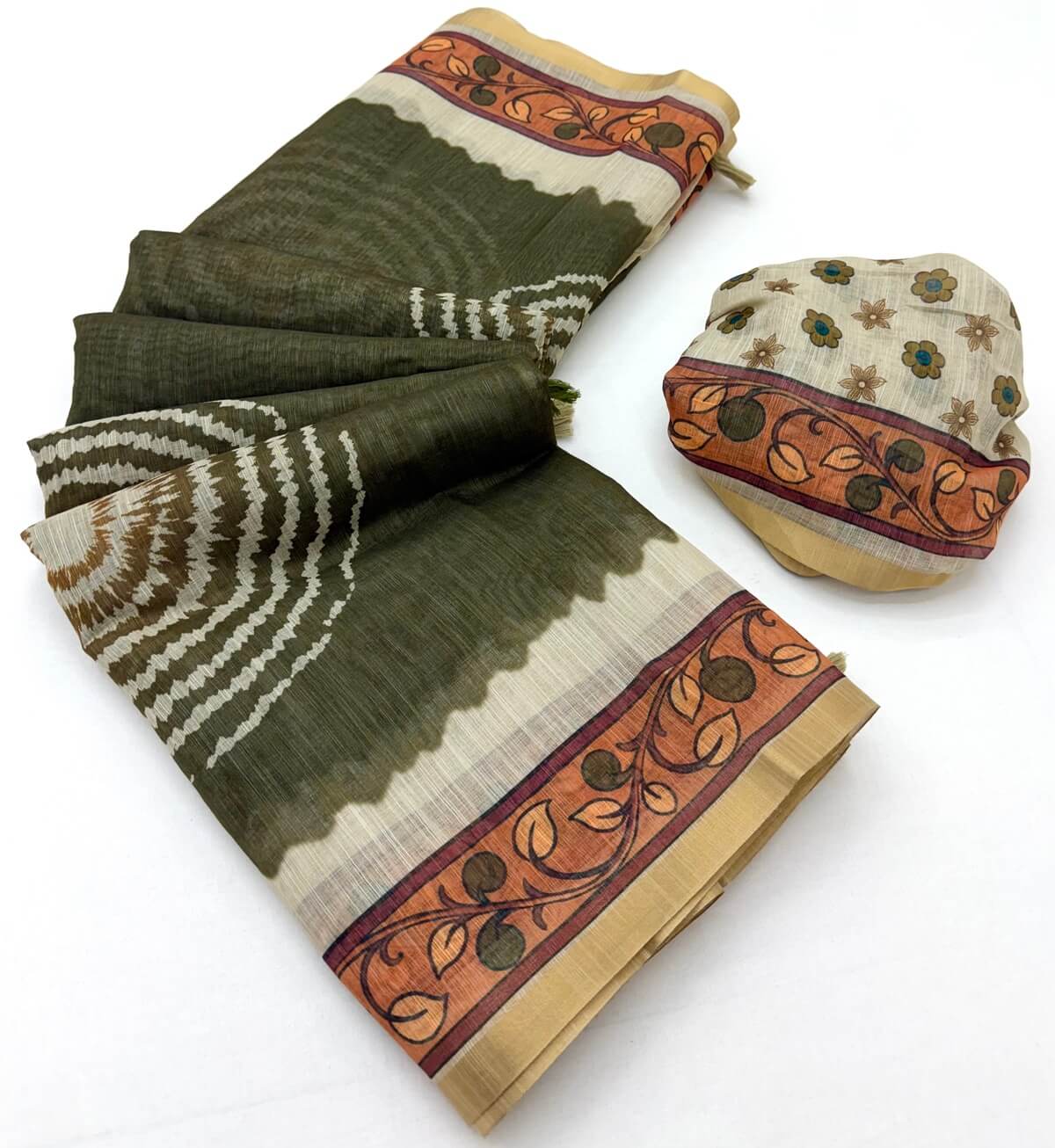 Sophisticated Dark Green Printed Cotton Silk Saree With Surpassing Blouse Piece